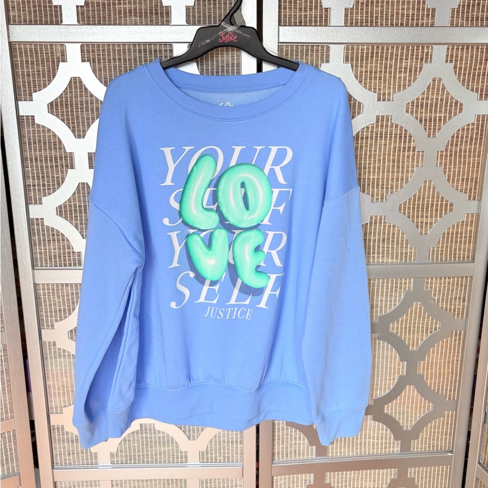 NWT Justice Blue Crew Neck Sweater with Graphic Design
